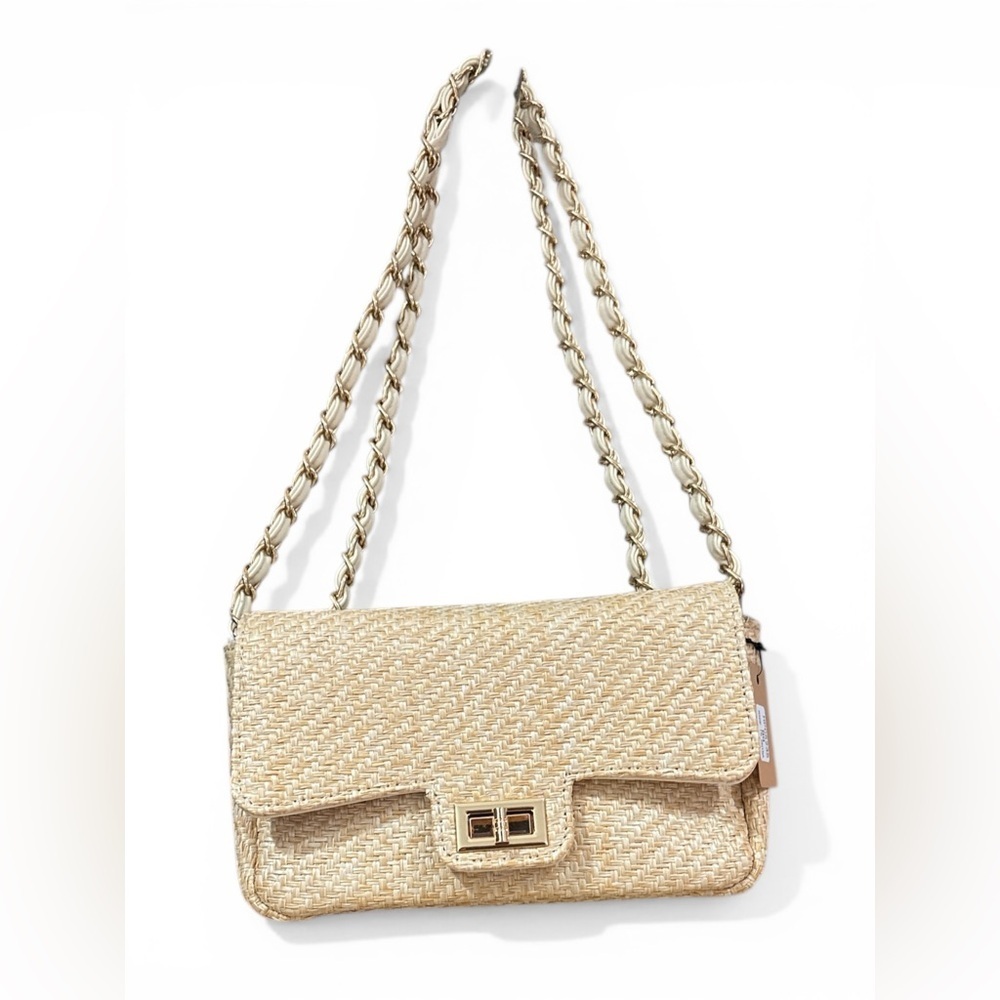 Woven Straw Crossbody Bag with Gold Chain - Natural Straw